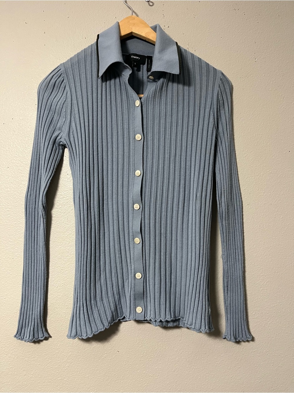 Theory Ribbed Polo Sweater Womens Small Blue Long Sleeve Wool Knit Top Preppy - Picture 2 of 7